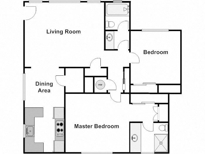 Floor plan for 2 beds, 2 baths, 1032 sqft